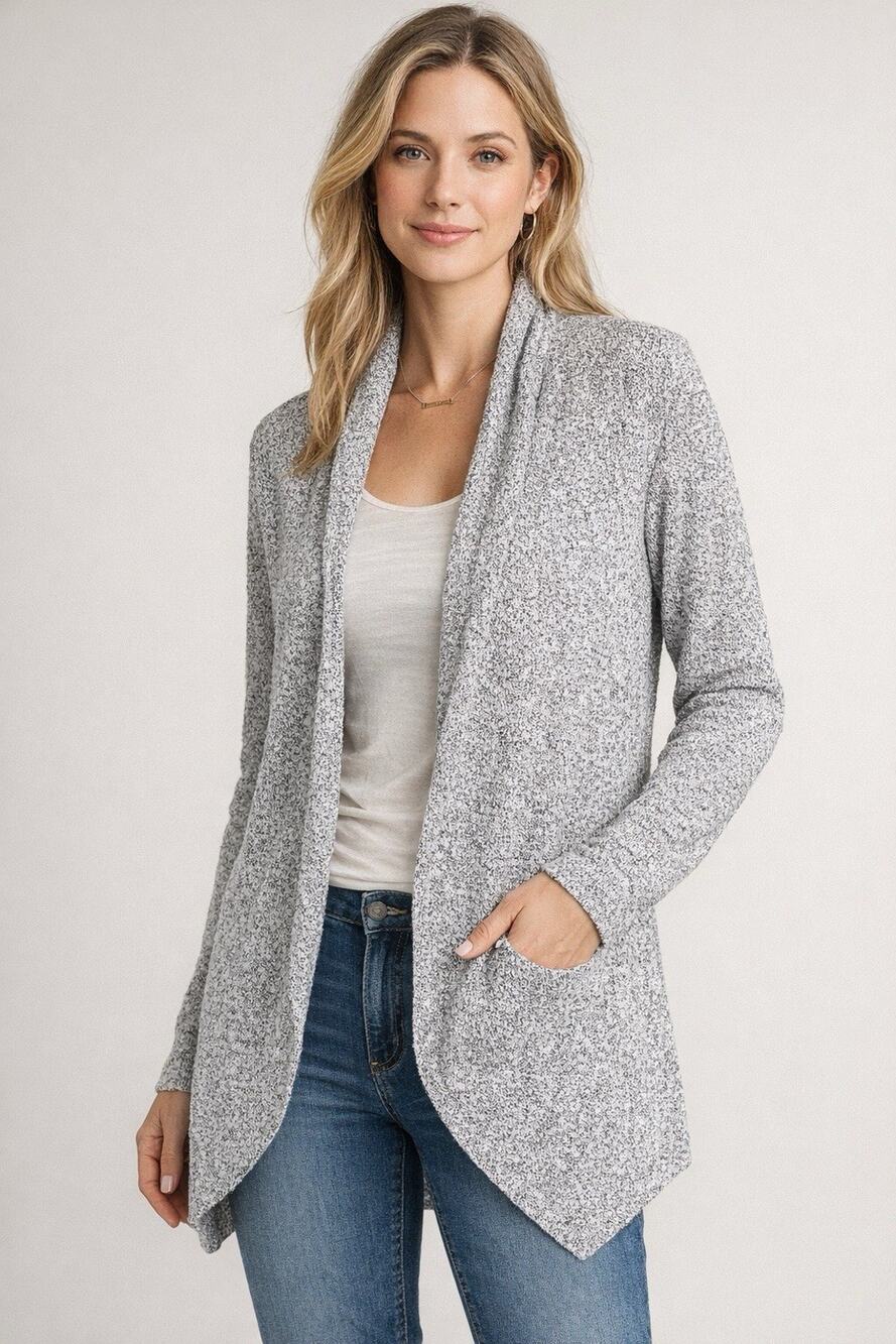 NIC+ZOE Marled Open Front Cardigan Sweater Gray Heather Pockets Size L